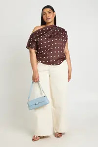 Chocolate Plus Satin Polka Dot Off The Shoulder Ruched Top | Boohoo USA | boohoo (US & Canada)