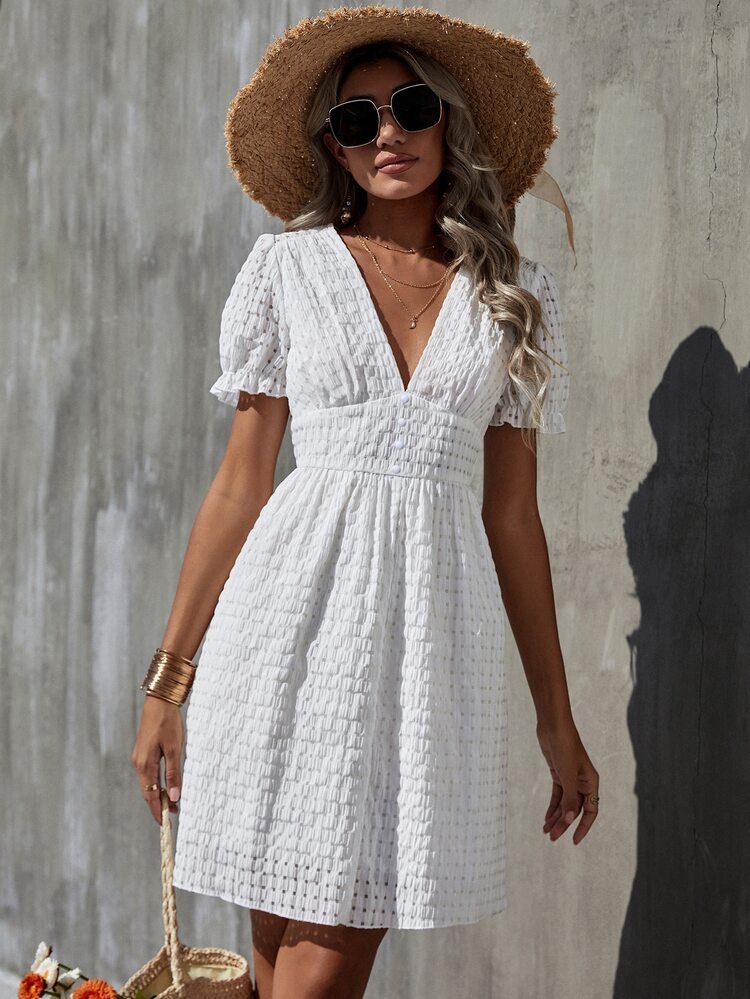 Puff Sleeve Solid Crinkle Dress | SHEIN