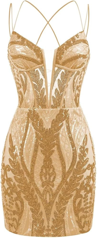 Sparkly Sequin Tight Homecoming Dresses for Teens Short Spaghetti Straps Mini Prom Cocktail Party... | Amazon (US)