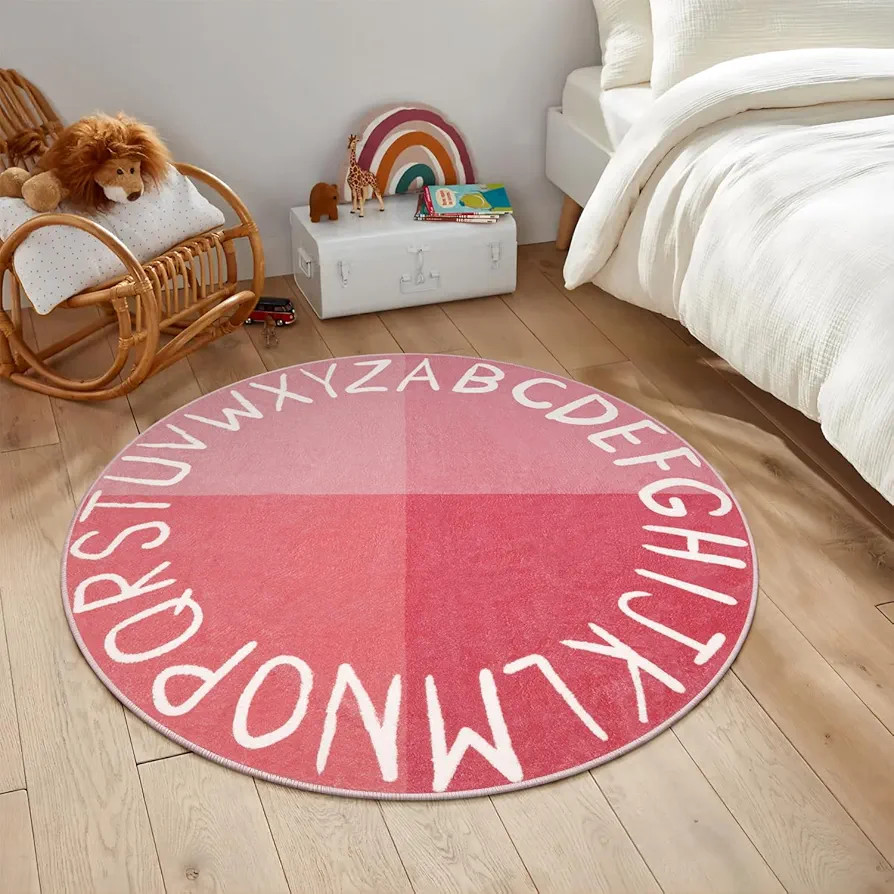 LIVEBOX Round Kids Rug for Girls, Non-Slip Washable Rug for Baby Nursery, Small Pink Rugs for Bed... | Amazon (US)