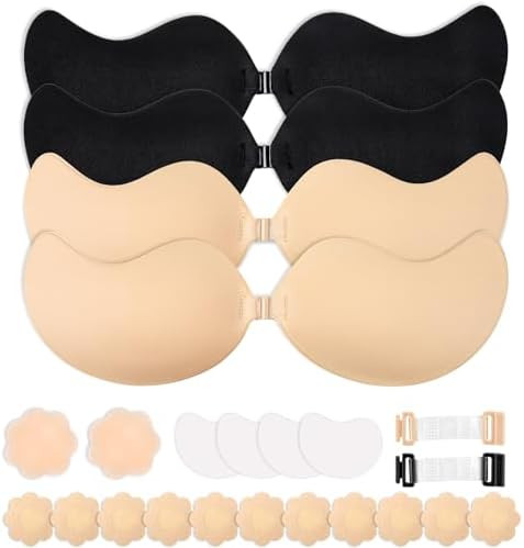4-Pack Cleavage Bra, Push Up Sticky Bra Set – Strapless Backless Invisible Adhesive Bras for Wo... | Amazon (US)