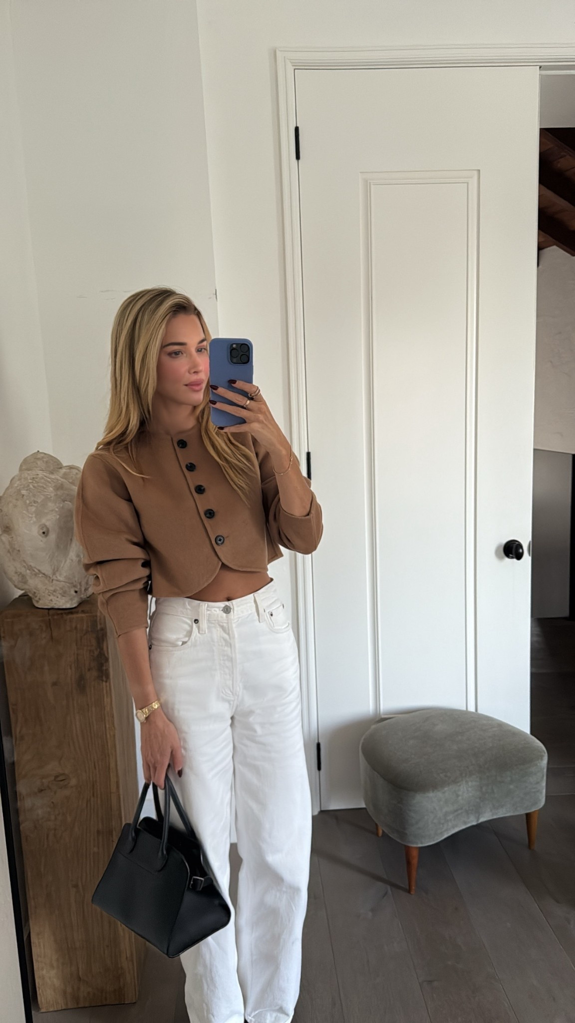 Fall transitional outfit - cropped wool jacket and jeans 