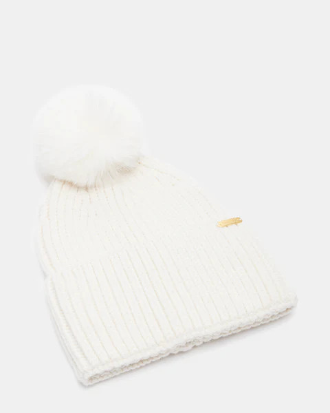 WIDE CUFF FAUX FUR POM BEANIE WHITE | Steve Madden (US)