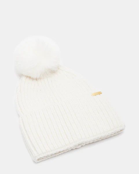 WIDE CUFF FAUX FUR POM BEANIE WHITE | Steve Madden (US)