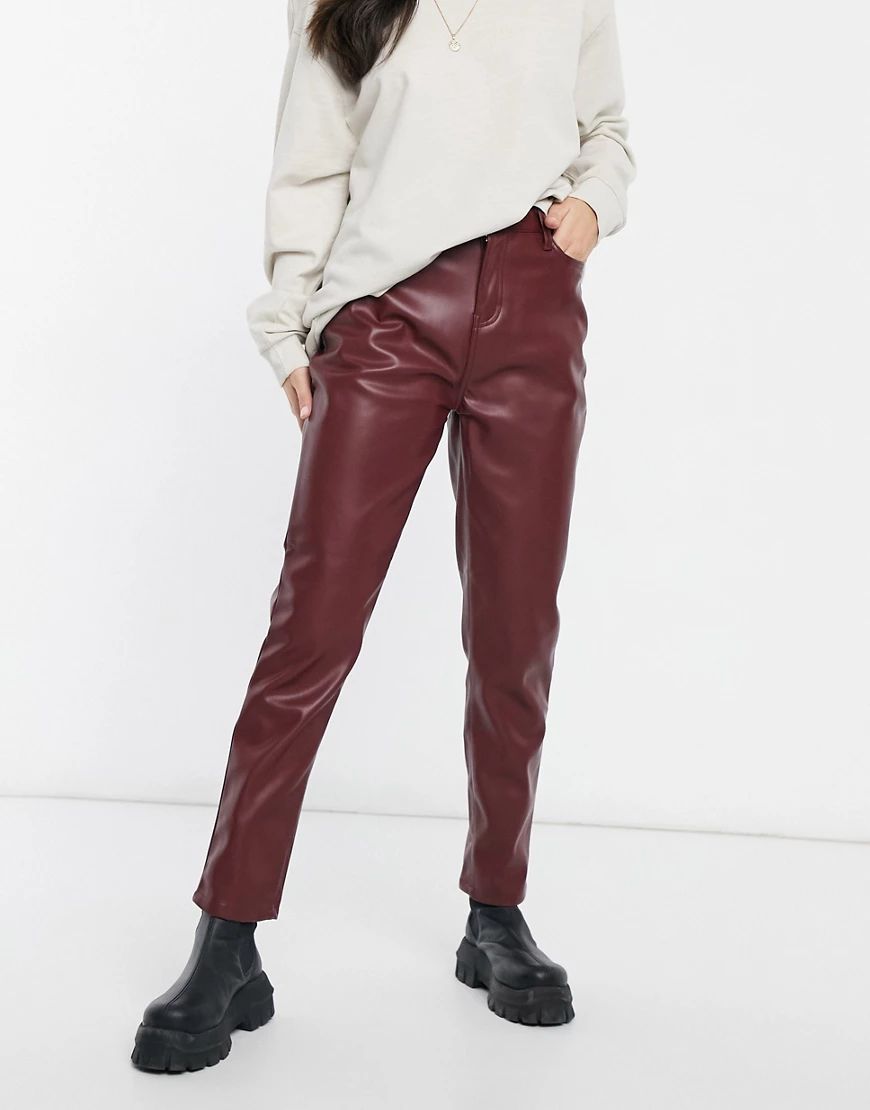 Urban Bliss faux leather straight leg pants in burgundy-Red | ASOS (Global)