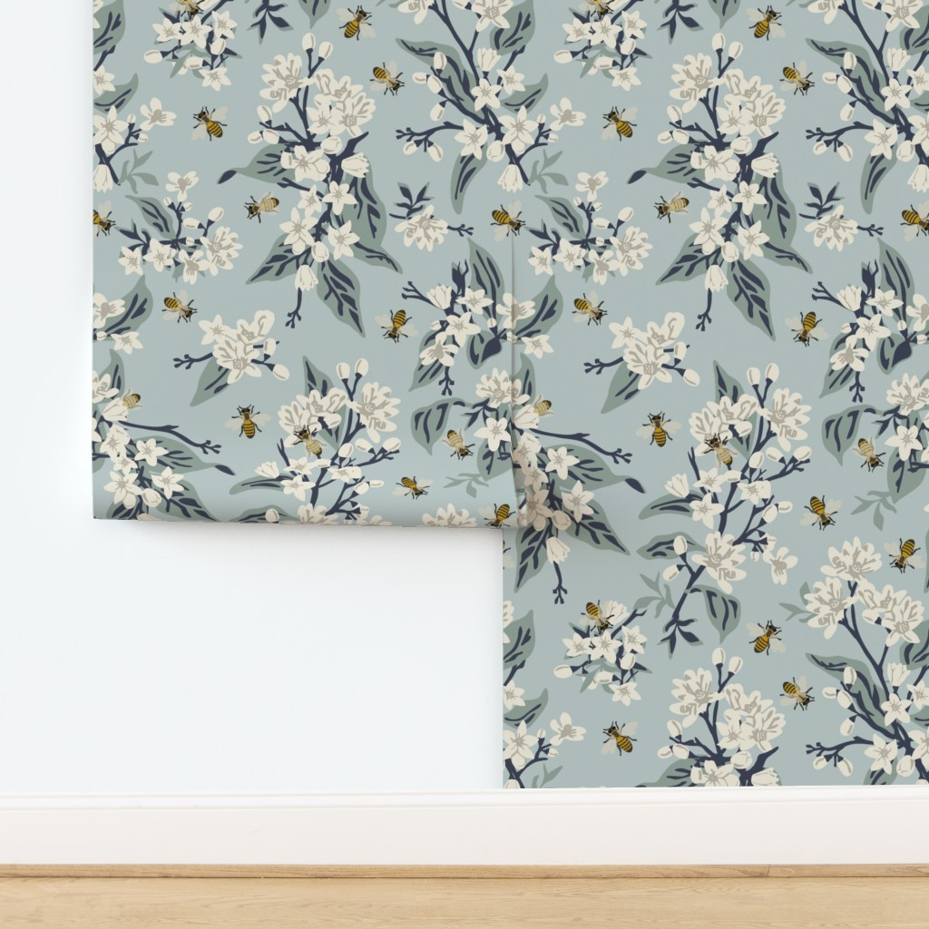 Flowers & Honey Bees - Large - Blue Wallpaper byfernlesliestudio | Spoonflower