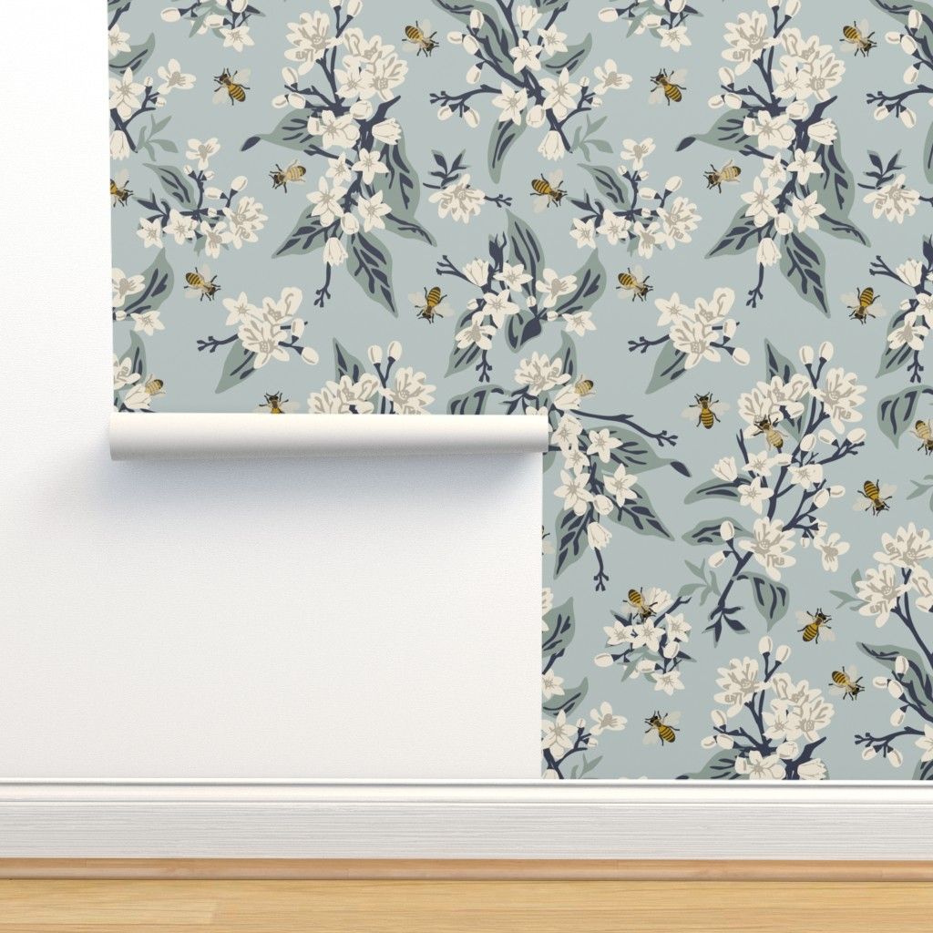 Flowers & Honey Bees - Large - Blue Wallpaper byfernlesliestudio | Spoonflower