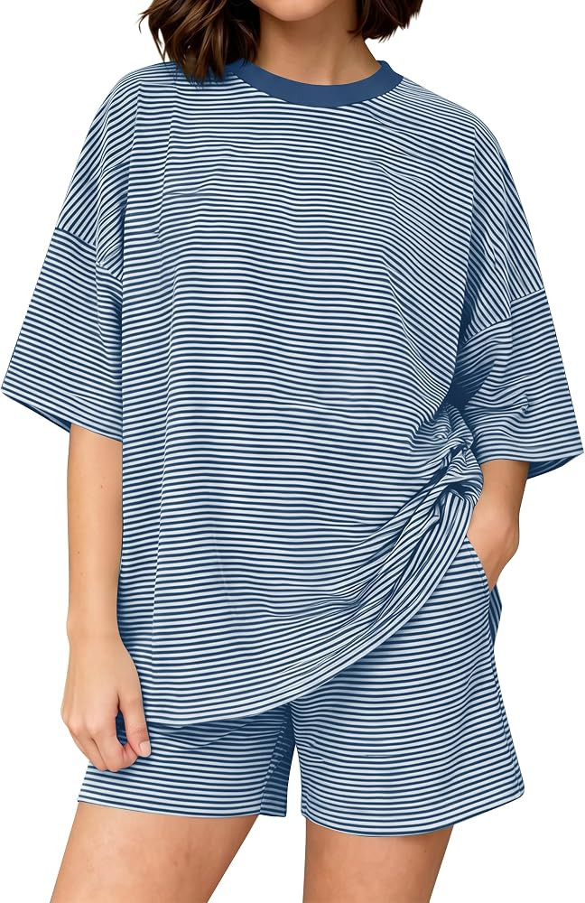 Women Striped Lounge Set Short Sleeve Pajama Sets Oversized T Shirts High Waist Shorts 2 Piece Ma... | Amazon (US)