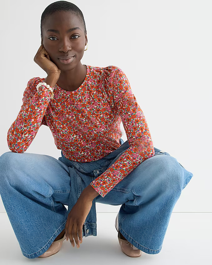 High-neck puff-sleeve top in floral print | J. Crew US
