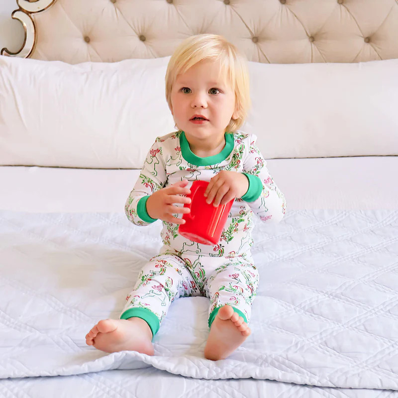 Prancing Reindeer Print Green Rib Pajamas | Classic Whimsy