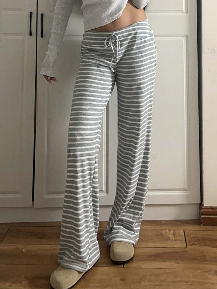 SHEIN EZwear Women's Low Waist Striped Brushed Drawstring Yoga Loose Pants For Home Suitable For Going Out | SHEIN