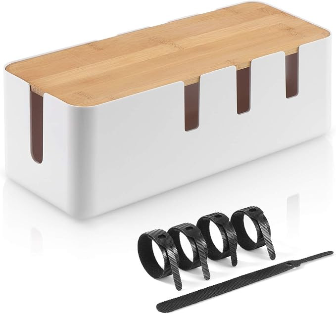 Cable Management Box, Desk Wire Organizer with Bamboo Lid and 5 Cable Ties, Power Strips Surge Pr... | Amazon (US)