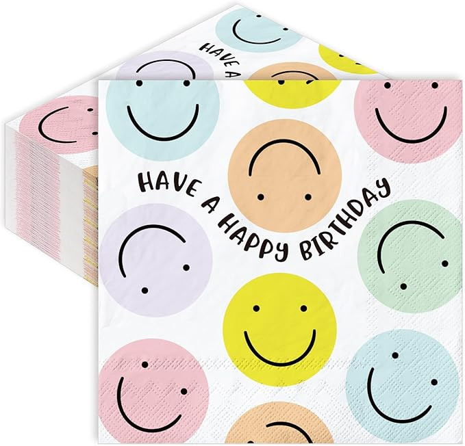 Whaline 80pcs Smile Party Napkins 6.5 In Happy Birthday Disposable Napkins Pastel Dinner Napkins ... | Amazon (US)