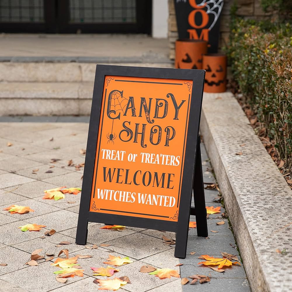 Glitzhome Decorative Halloween A-Frame Free Standing Easel Sign Slide in Wood Candy Shop Sign Wel... | Amazon (US)