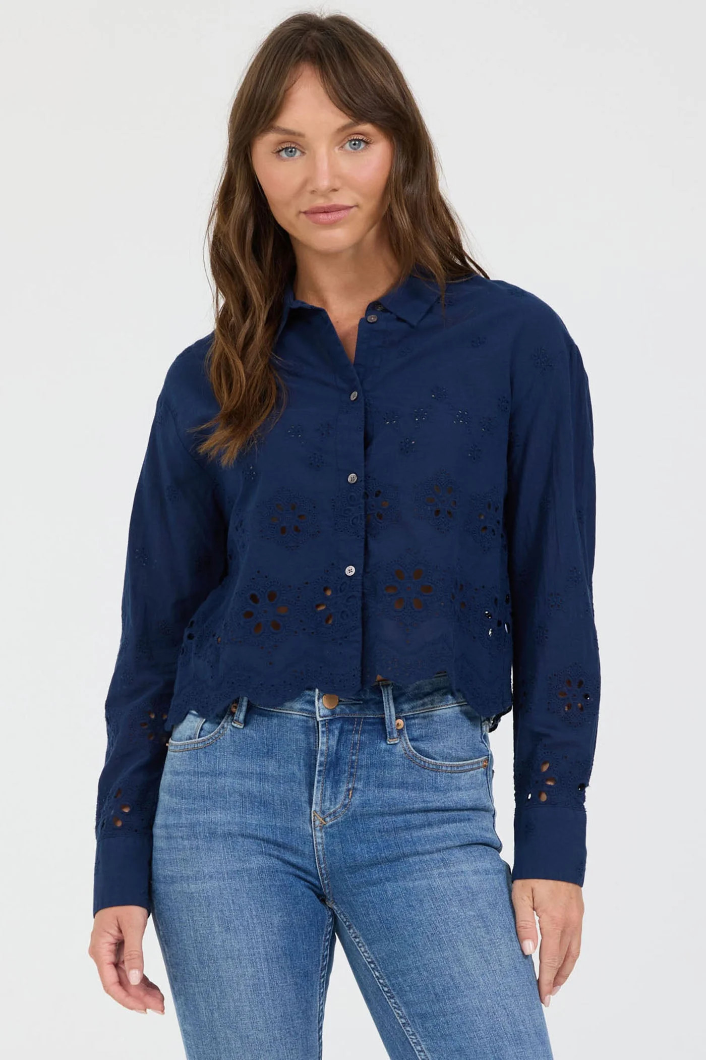 Miranda Button UP Long Sleeve Embroidered Crop Shirt Riviera | Dear John Denim