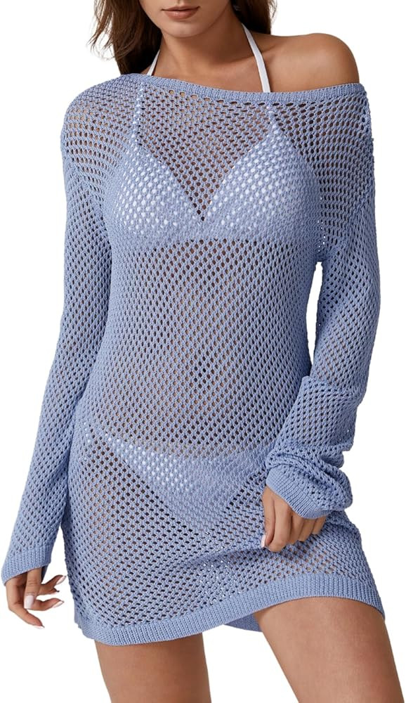 QINSEN Womens Crochet Bathing Suits Cover Up Boat Neck Mesh Knit Beach Dress Swim Vacation Outfit... | Amazon (US)