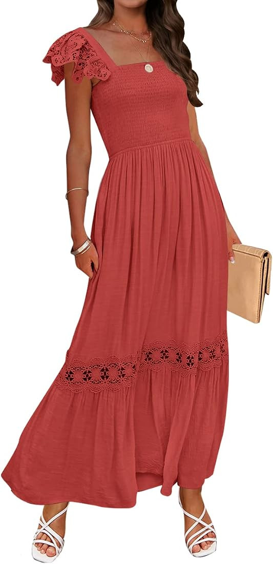 ZESICA Women's 2023 Summer Lace Strap Sleeveless Square Neck Smocked High Waist Ruffle Hollow Out... | Amazon (US)