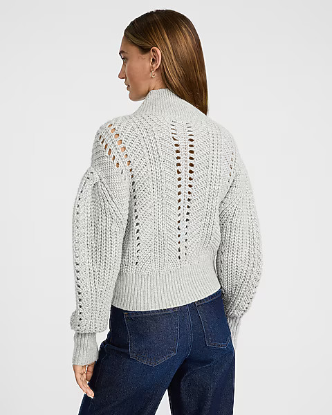 Open Stitch Shawl Neck Puff Sleeve Sweater | Express