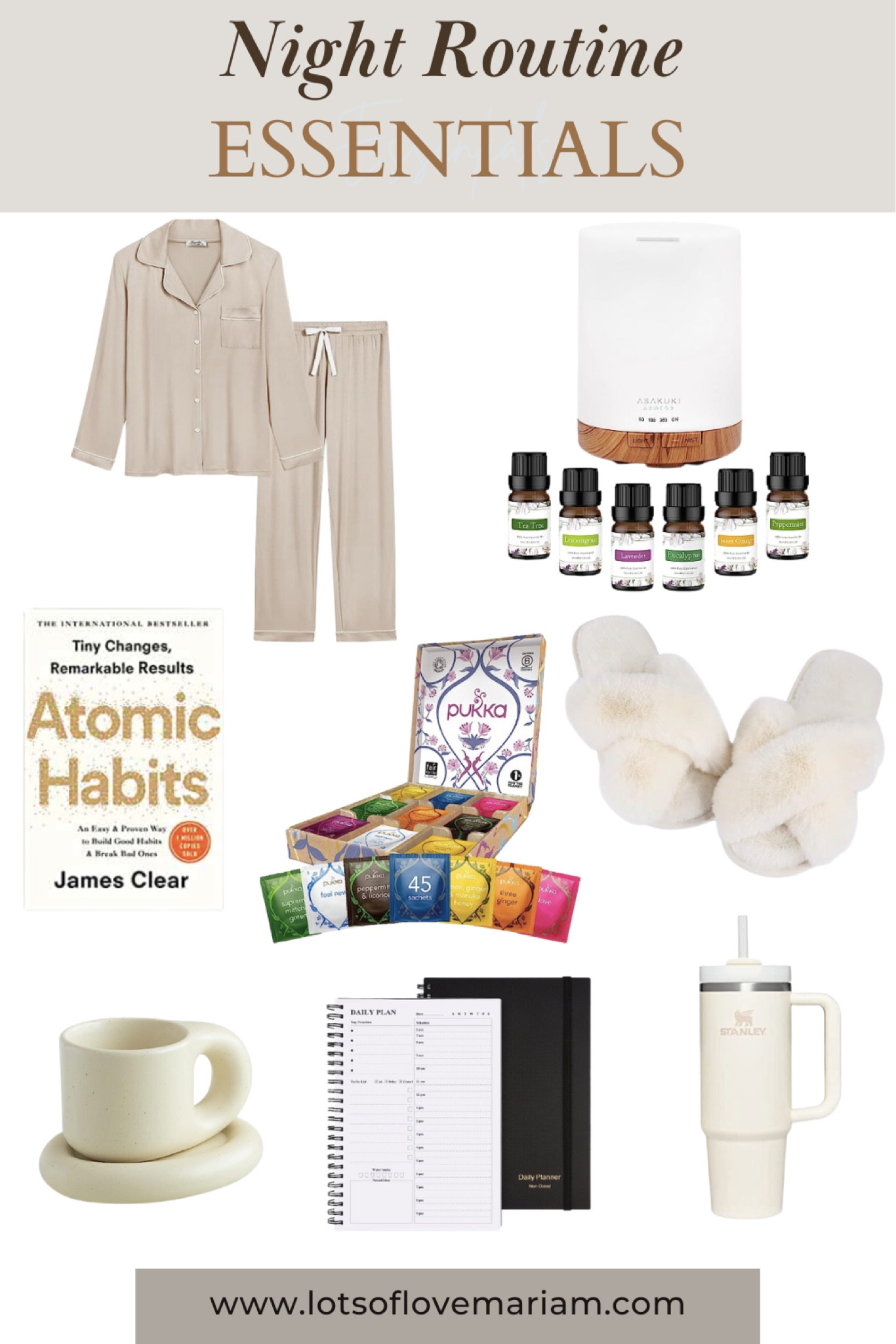 Night routine essentials 💗 comfy neutral pyjama set, oil diffuser, personal growth book, herbal tea set, fluffy slippers, chubby mug, daily planner, Stanley cup 

#LTKSeasonal #LTKhome #LTKeurope