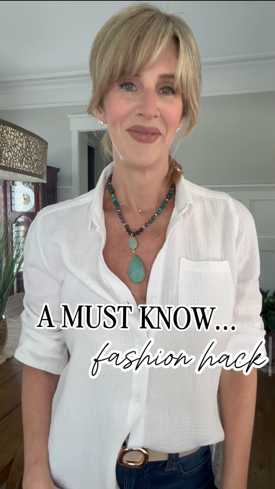 Do not miss my fashion hack!

Transform any long necklace to a shorter style with this simple trick. 

Pinch the necklace where you want it to lay, secure with a clear elastic band, drop the length in the back down your top, dress or jacket.  

It’s that easy!

#LTKStyleTip #LTKOver40 #LTKFindsUnder50
