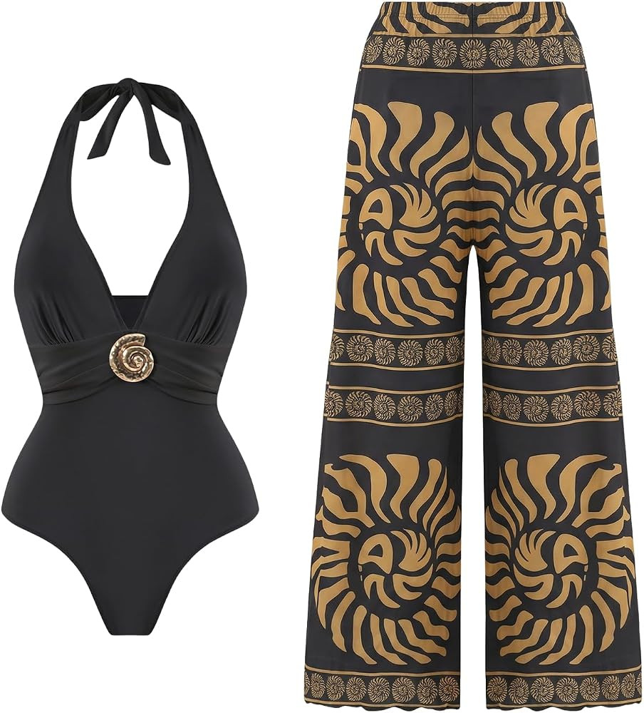 SherryDC Women's Halter Deep V Neck One Piece Swimsuit with Pants Cover Up Bathing Suit Beachwear | Amazon (US)