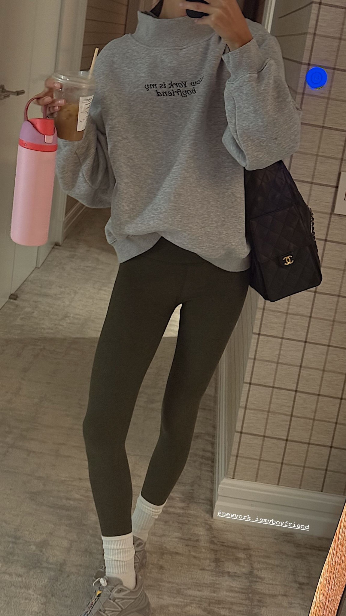On the way to my morning workout. Mockneck sweatshirt is New York is My Boyfriend