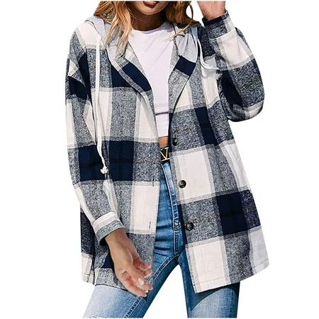 Lanhui Woman Long Sleeve T-Shirt Autumn Open Front Loose Outerwear Plaide Hooded Coat Tops Jacket | Walmart (US)