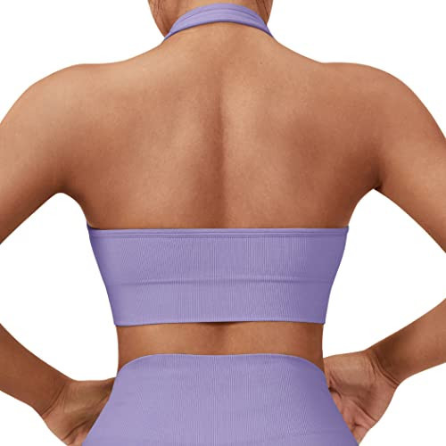 SUUKSESS Women Seamless Halter Sports Bra Open Back Padded Workout Crop Tank Tops (Purple, M) | Amazon (US)