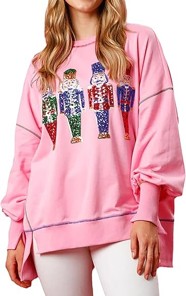 Glkaend Women's Cute Santa Christmas Sweatshirts Funny Graphic Lightweight Sequin Long Sleeve Pul... | Amazon (US)