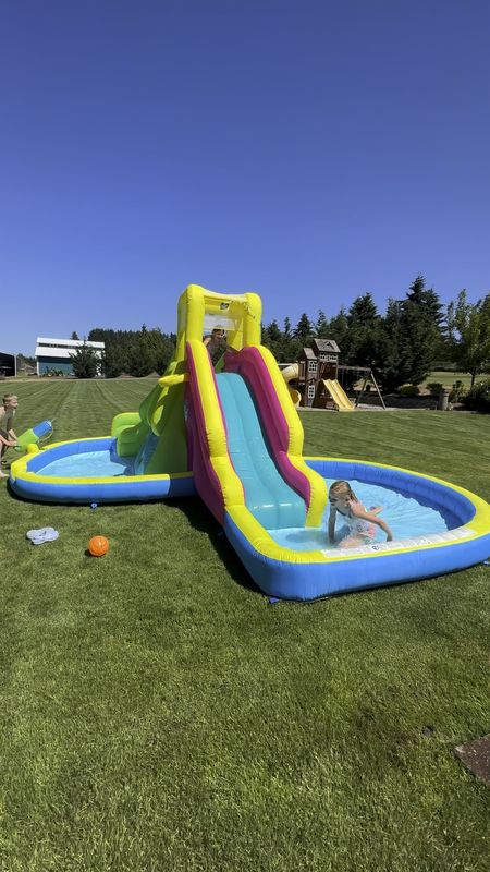 Fun inflatable water slide for summer from Target! Ages 5+ and holds up to 960lbs (or max of 8 kids)! 💦 

Two slides, rock climbing wall, basketball hoop, sprayer and so much fun!

#LTKKids #LTKFamily #LTKParties