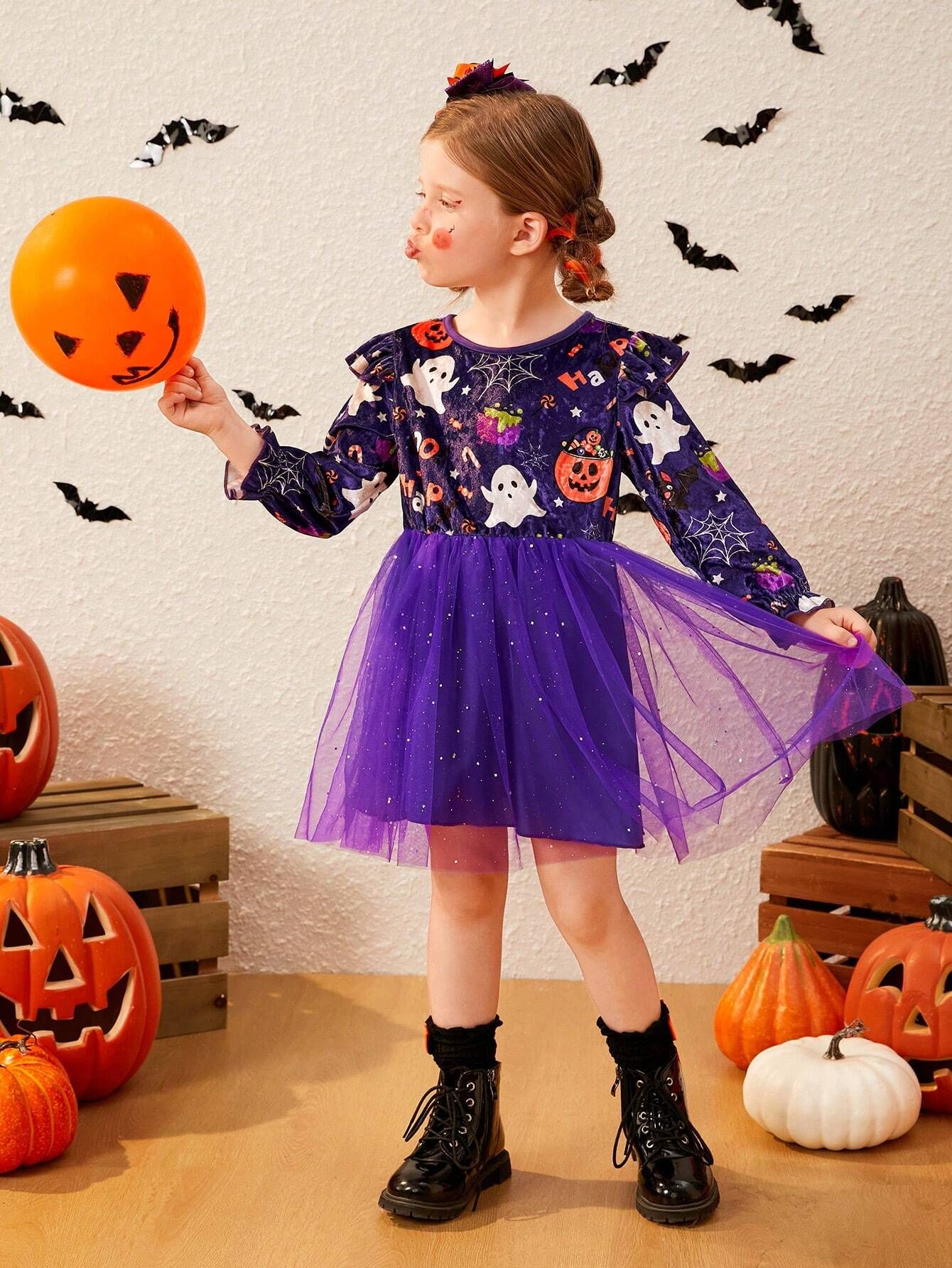 SHEIN Young Girl Halloween Print Ruffle Trim Mesh Hem Dress | SHEIN