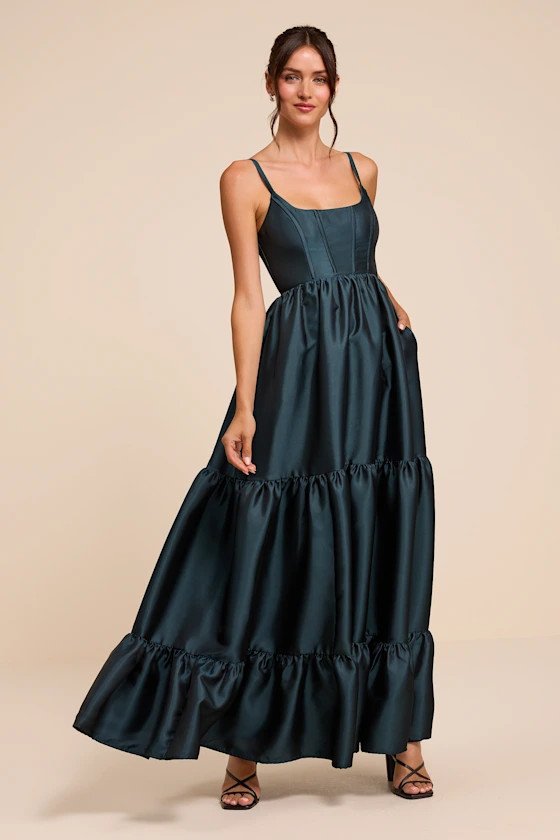 Avalie Teal Floral Tiered Bustier Maxi Dress | Lulus