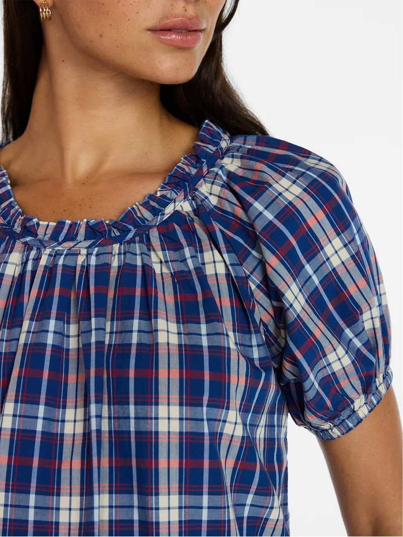 Time and Tru Women's Ruffle Neck Cotton Top with Short Puff Sleeves, Sizes XS-XXXL | Walmart (US)
