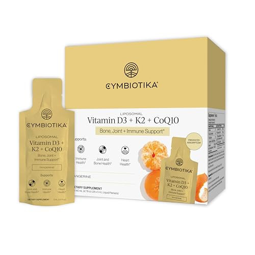 CYMBIOTIKA Liposomal Vitamin D3 + K2 + CoQ10 Liquid Supplement, Enhanced Absorption, Joint + Bone Health, Immune Support, Heart Health, Gluten Free, Soy Free, Plant-Based, 28 5 mL Packets | Amazon (US)