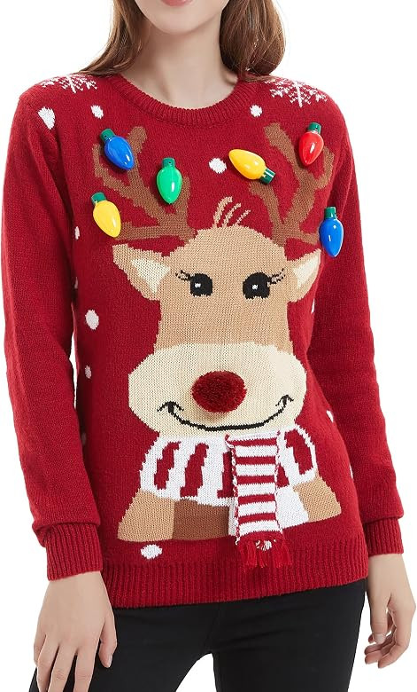 Women's Christmas Reindeer Traditional Knitted Holiday Ugly Sweater Girl Pullover Cardigan | Amazon (US)