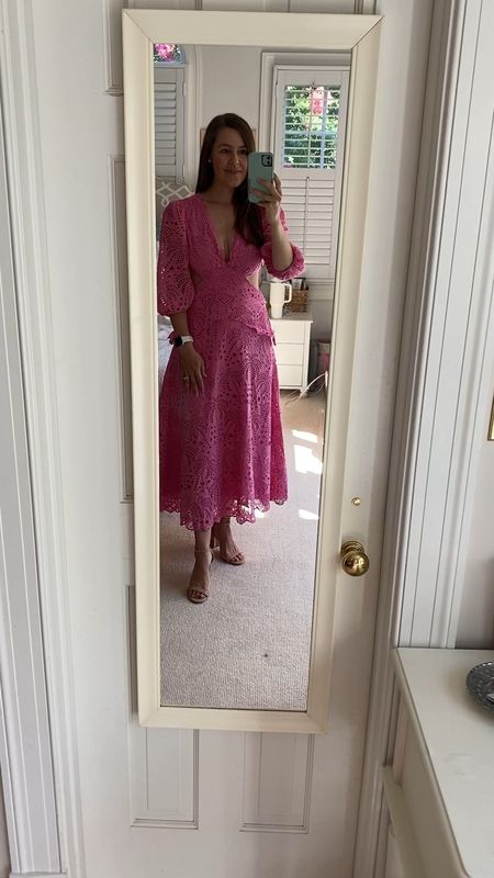 This pink midi dress is absolutely stunning!!! Comes in 4 different colors. The perfect wedding guest dress! I cannot wait to wear it to a wedding we are going to in Newport, RI for Labor Day weekend! (*Wearing a size small for reference)

#weddingguest #eyeletdress #farmrio #pinkdress #barbieoutfit #barbiedress #mididress #weddingoutfit #wedding 

#LTKwedding #LTKshoecrush #LTKFind