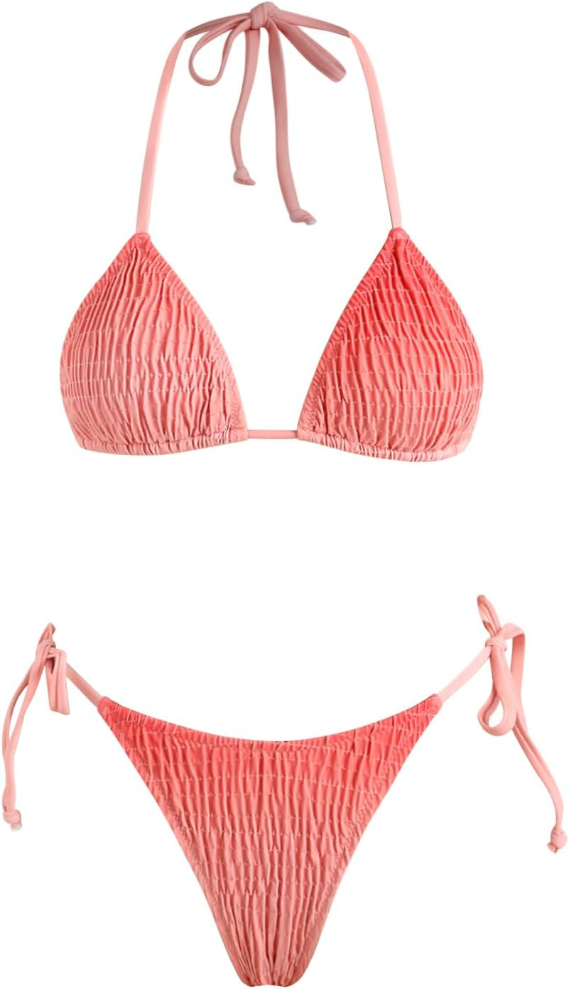 VOLAFA Women's Triangle Bikini String Swimsuit Print Tie Smocked Ruched Two Piece Bathing Suit Se... | Amazon (US)