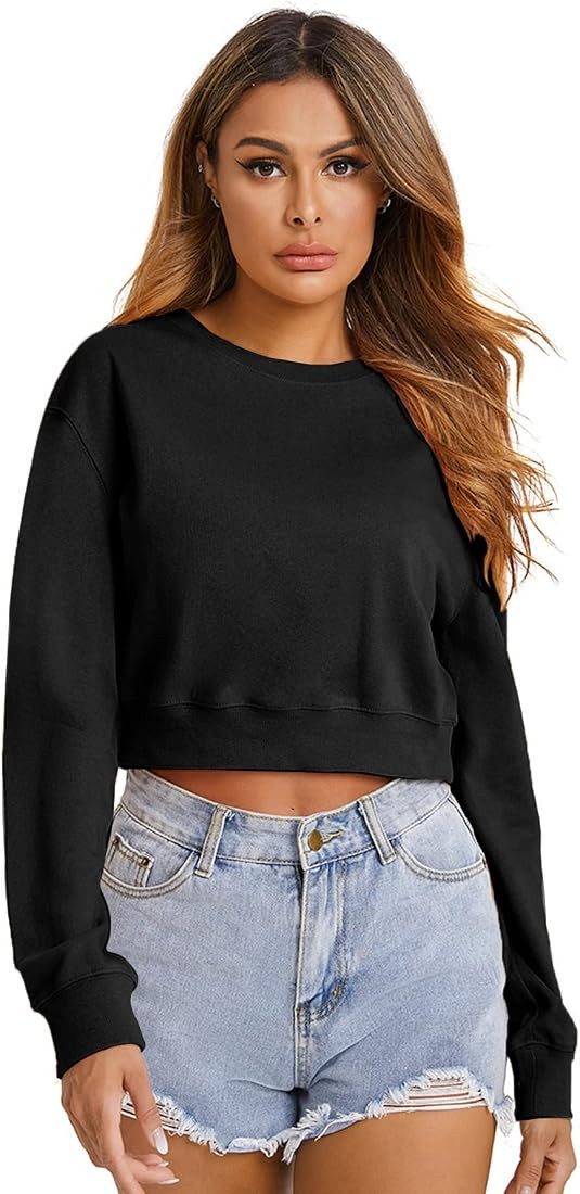 Verdusa Women's Basic Casual Long Sleeve Round Neck Crop Top Pullover Sweatshirt | Amazon (US)