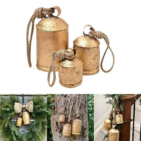 Set of 3 Vintage Brass Christmas Cow Bells Handmade Rustic Farmhouse Holiday Decor Large Metal Hanging Bells for Christmas Tree Door Wall Staircase Indoor Outdoor Décor Festive Home Decoration | Walmart (US)