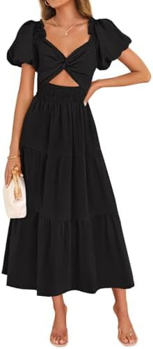 ZESICA Womens Summer Casual Flowy Vacation Maxi Dress 2026 Short Puff Sleeve A Line Smocked Cutou... | Amazon (US)