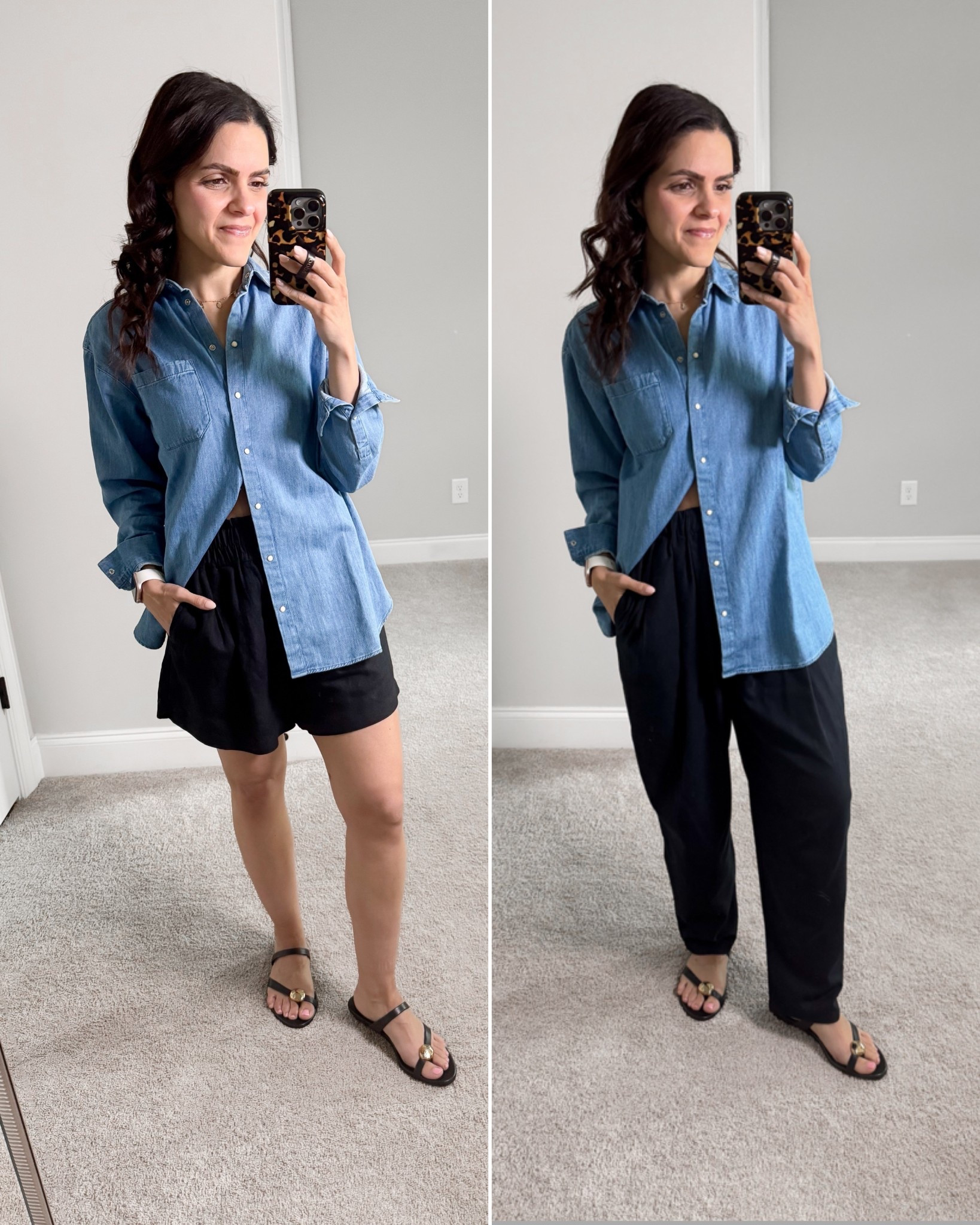 What I wore — weather turned, so put on pants! Either way, a go to Summer combo! 

Chambray button up: Sézane, XS
Black shorts: old, linked similar
Black pull on pant: NaNin, linked similar
Sandals: Madewell, tts 

#LTKStyleTip
