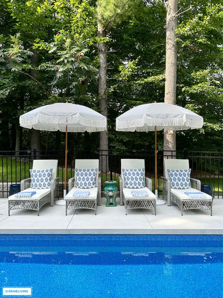 Pool loungers and umbrellas styled with gorgeous pillows and Turkish towels💙

#LTKstyletip #LTKhome #LTKSeasonal