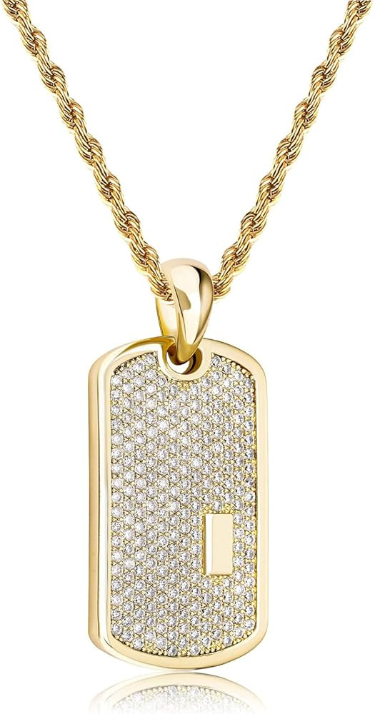JINAO Personalized Iced Out Custom Dog Tag Pendant Necklace 14K Gold Plated Engrave Initial Penda... | Amazon (US)