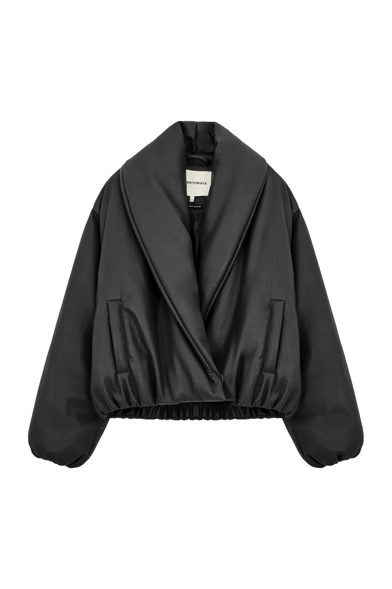 OVERSIZED COLLAR FAUX LEATHER PUFFER COAT - BLACK | The Couture Club