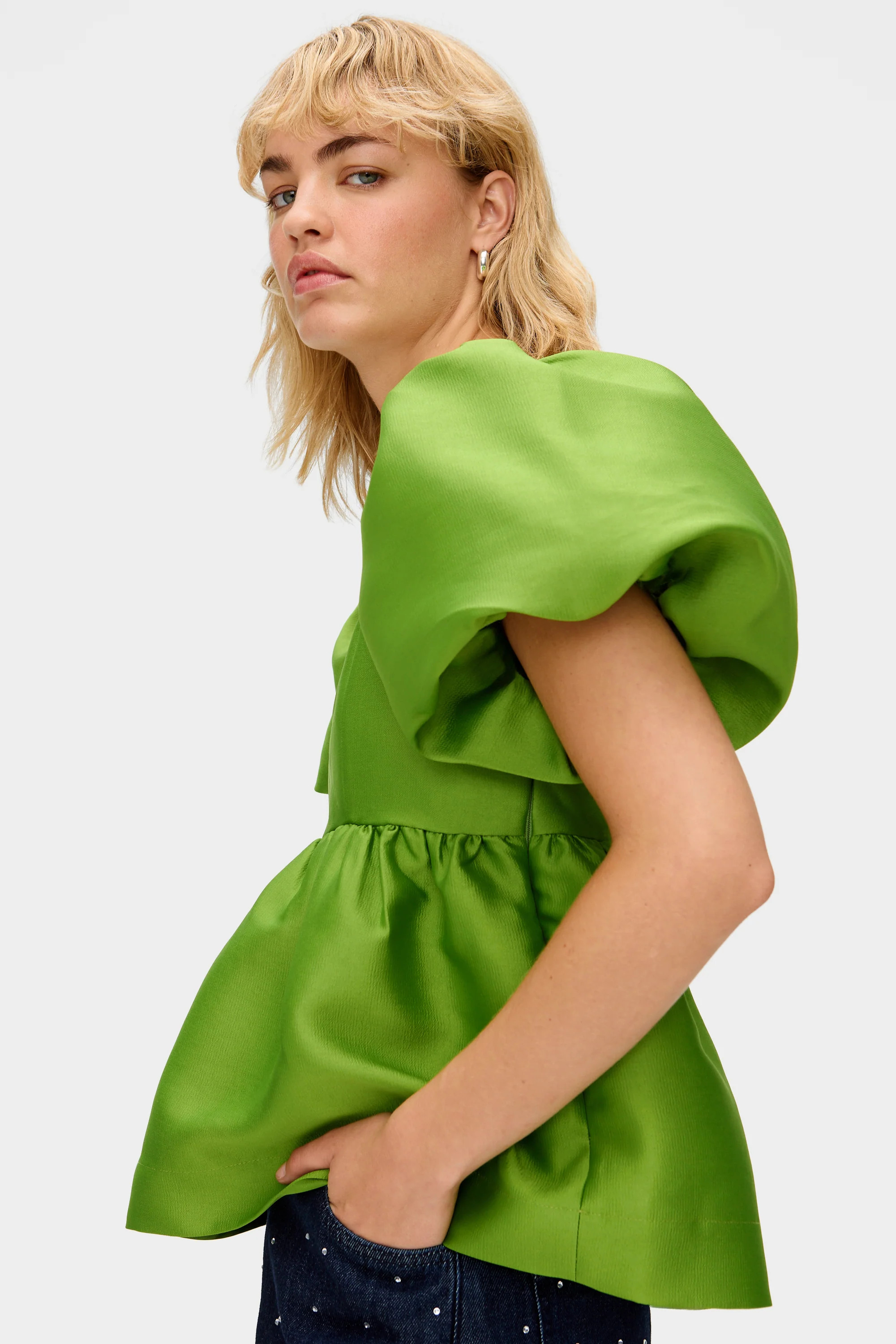 ALIGNE Puff Sleeve Peplum Satin Party Top - Green | Allanah | Aligne UK