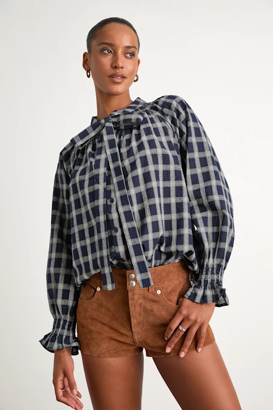 Hassie Navy Plaid Tie-Neck Button-Front Long Sleeve Top | Lulus