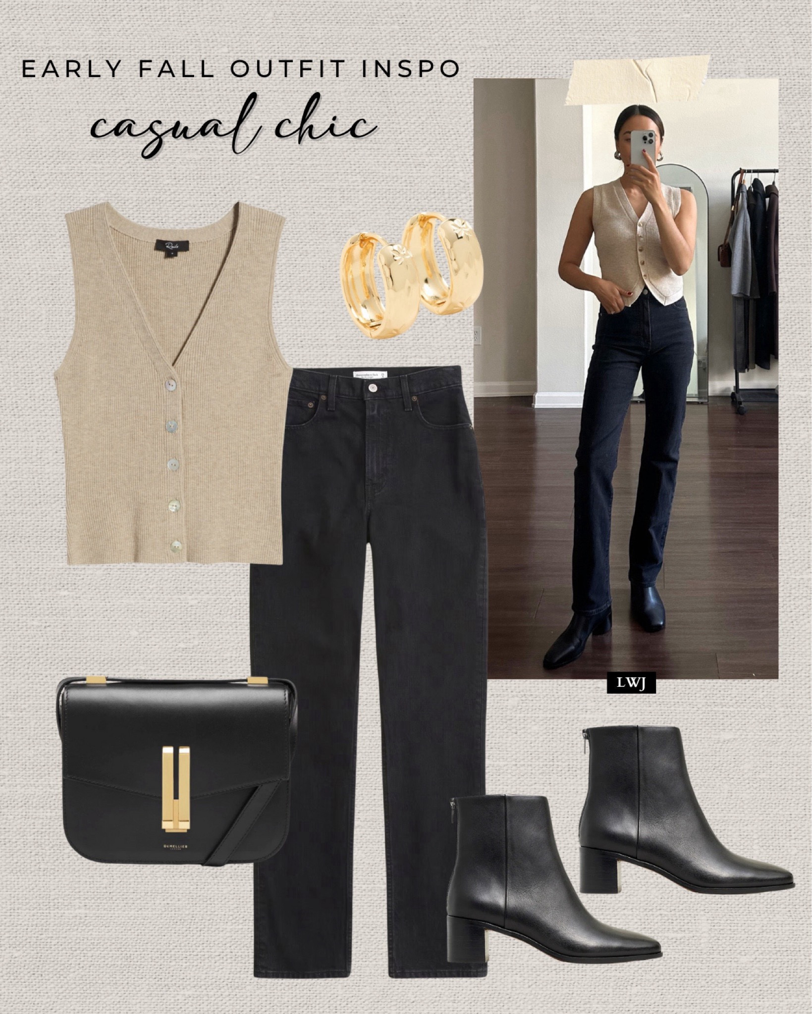 Early fall outfit inspo: casual chic 

Sweater vest / black ankle jeans / demellier purse / minimal black boots

#LTKSeasonal #LTKStyleTip