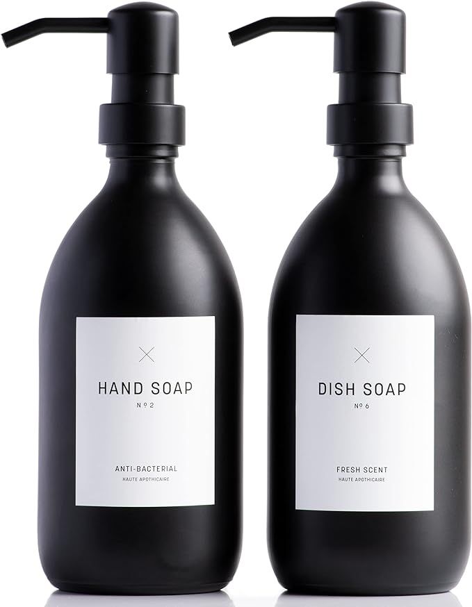 2 Pack Thick Matte Black Glass Soap Dispenser Bottles - 16 Ounce with Pumps and Waterproof Labels... | Amazon (US)