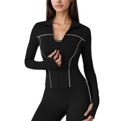 Anna-Kaci Active Women's Fitted Zip-Up Activewear Jacket with High Collar Long Sleeves and Contour Seaming for Workout Wear - X Large, Black | Target