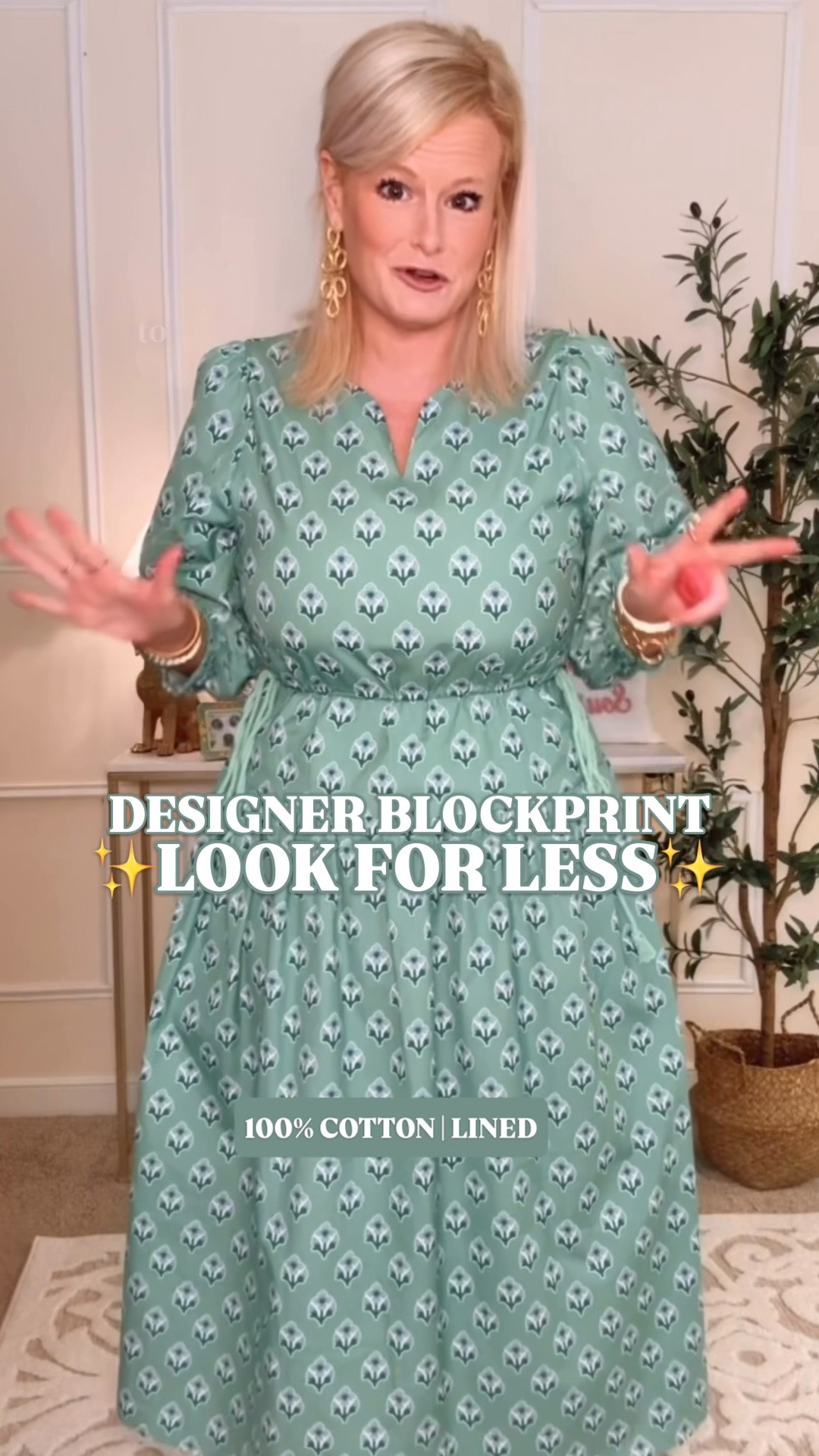 Amazon fall transition dress | 100% cotton midi dress | block print dress | teacher outfit | designer look for less

This Amazon dress has the colorful, collected look I associate with Oliphant and Pink City Prints, where a cotton block print dress can run around $300, for way less. The gorgeous green ground, dark green and white block-print-style floral, split V neckline, three-quarter balloon sleeves, adjustable drawstring waist and full midi skirt give it that polished designer vacation-dress energy while feeling completely right for early fall.

The purchase-confidence details are excellent: 100% cotton outer, fully lined, and an adjustable waist so you can define the silhouette. I’m in a medium and it runs true to size, if slightly generous. If you are between sizes, you can probably go down.

Wear it now with sandals or woven flats, then add loafers, boots or a light jacket for September and October. It covers teacher outfits, work outfits, business casual workwear, church, brunch, family photos, dinner and early fall events. This is the fall transition dress for anyone who wants color, cotton and designer block-print style without the designer price.

Amazon block print dress, Oliphant look for less, Pink City Prints inspired dress, Emerson Fry inspired dress, green floral midi dress, lined cotton dress, drawstring waist dress, balloon sleeve dress, preppy fall dress, late summer dress, summer to fall transition outfit, early fall outfits women, fall family photo outfit, teacher dresses, work dresses women, church dress, brunch dress

#LTKFindsUnder50 #PreppyStyle #LookForLess #AmazonFinds #FallOutfits #TeacherOutfits #FallTransitionDress #FallTransitionOutfits #WorkOutfits

#LTKSeasonal #LTKWedding #LTKWorkwear